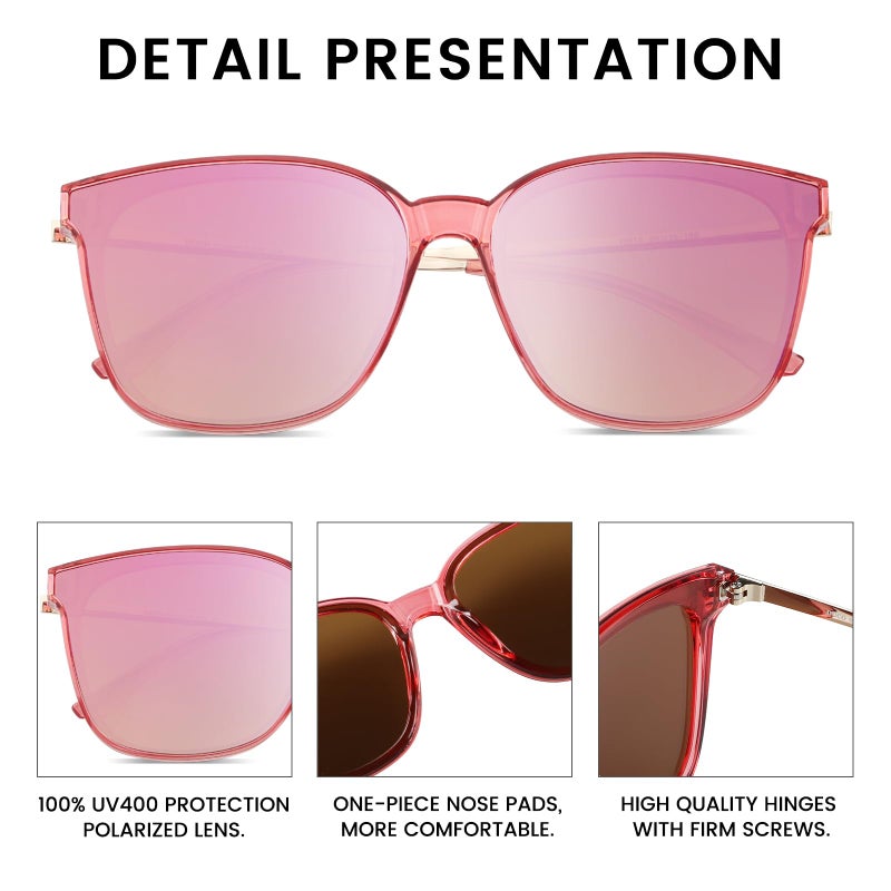 DUCO Oversized Polarized Sunglasses Womens Trendy Mirrored Shades Retro Round Vintage Light Weight UV400 Sun Glasses W016 (01- Transparent Pink Frame Pink Lens) - Image 4